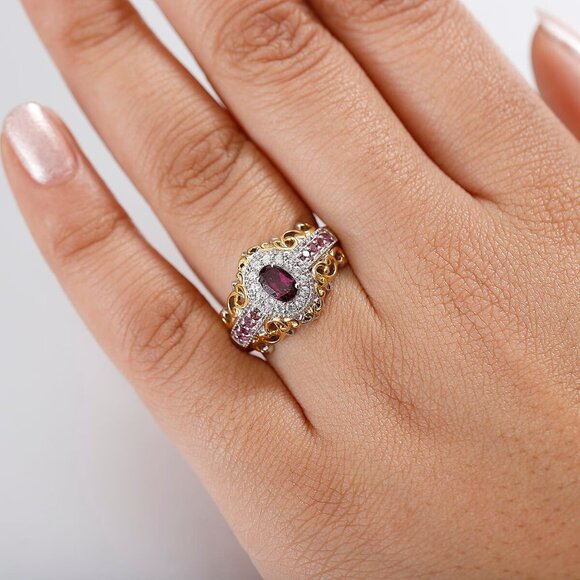 Ring Size 5 Garnet 1.10 ctw in 18K Vermeil YG and Rhodium Over Sterling Silver - Picture 2 of 5
